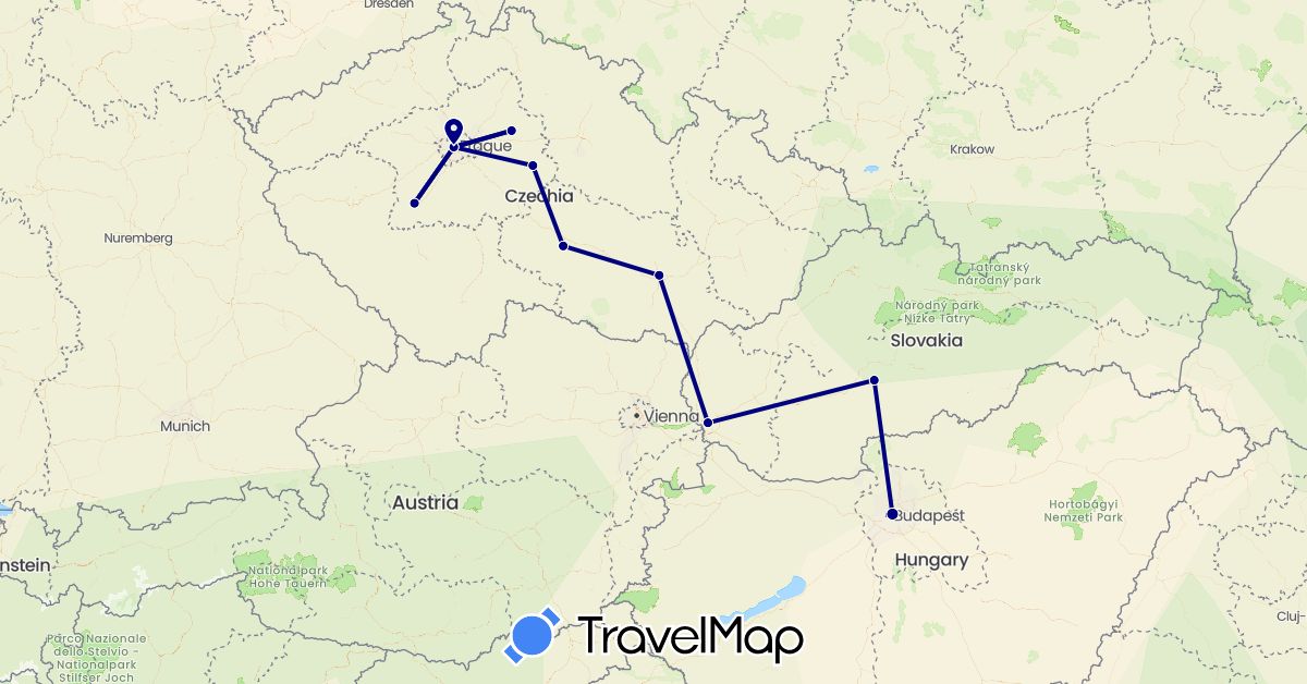 TravelMap itinerary: driving in Czech Republic, Hungary, Slovakia (Europe)